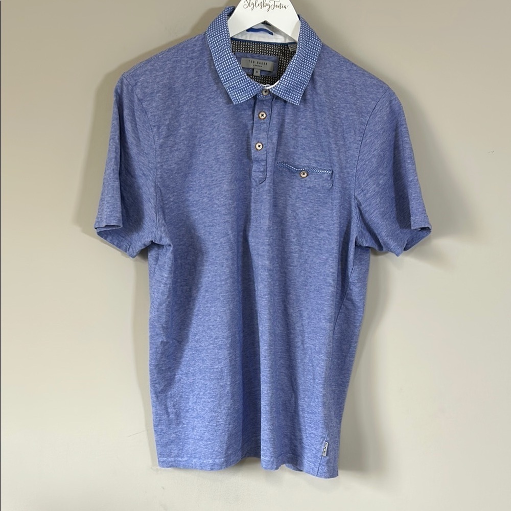 Ted Baker London Gwack Polo Shirt Slim Pinstripe Pocket Blue Short Sleeve 5 XL